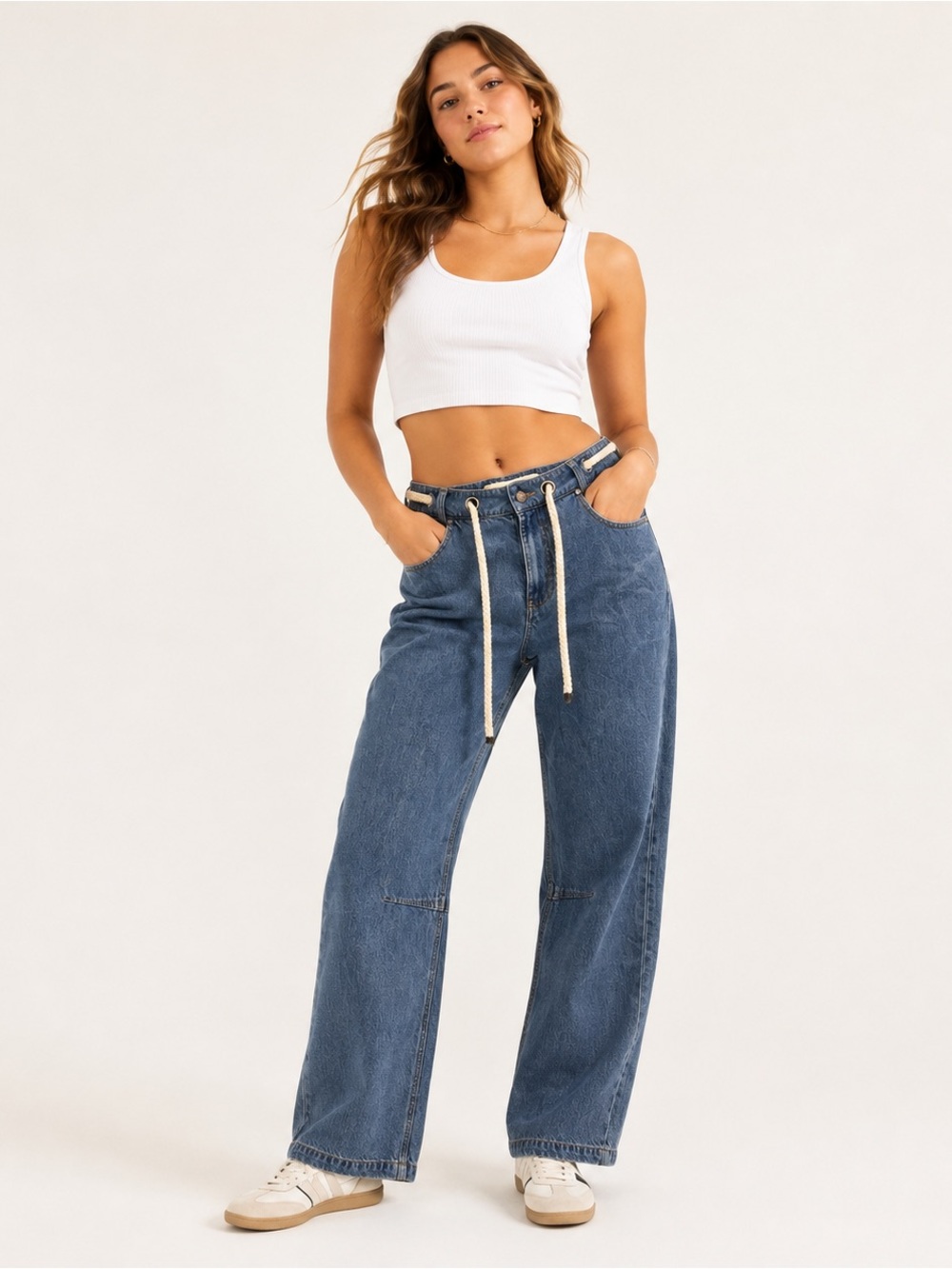 Lorna Jane Jeans Coastal Rope Belt High Rise Wide Leg Denim Jeans Blue medium